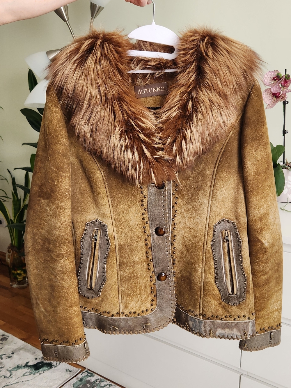 Vintage Genuine Tan Shearling Jacket with Genuine Fur Collar